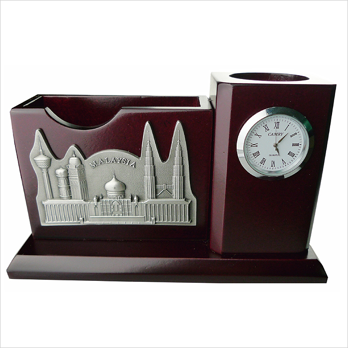 PW 001 - Wooden Pen Holder & Memo Holder With Clock